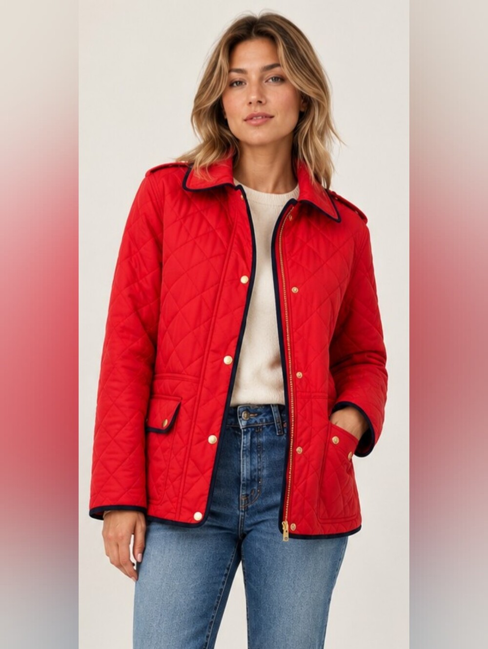 Talbots Red Quilted Jacket Navy Trim Gold Snap Preppy Coastal Coat Old Money